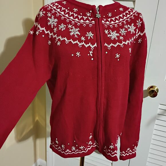 Christmas Cardigan Sweater Small Red Pearls Jewels Snowflakes Raglan-Sleeve - Picture 6 of 12
